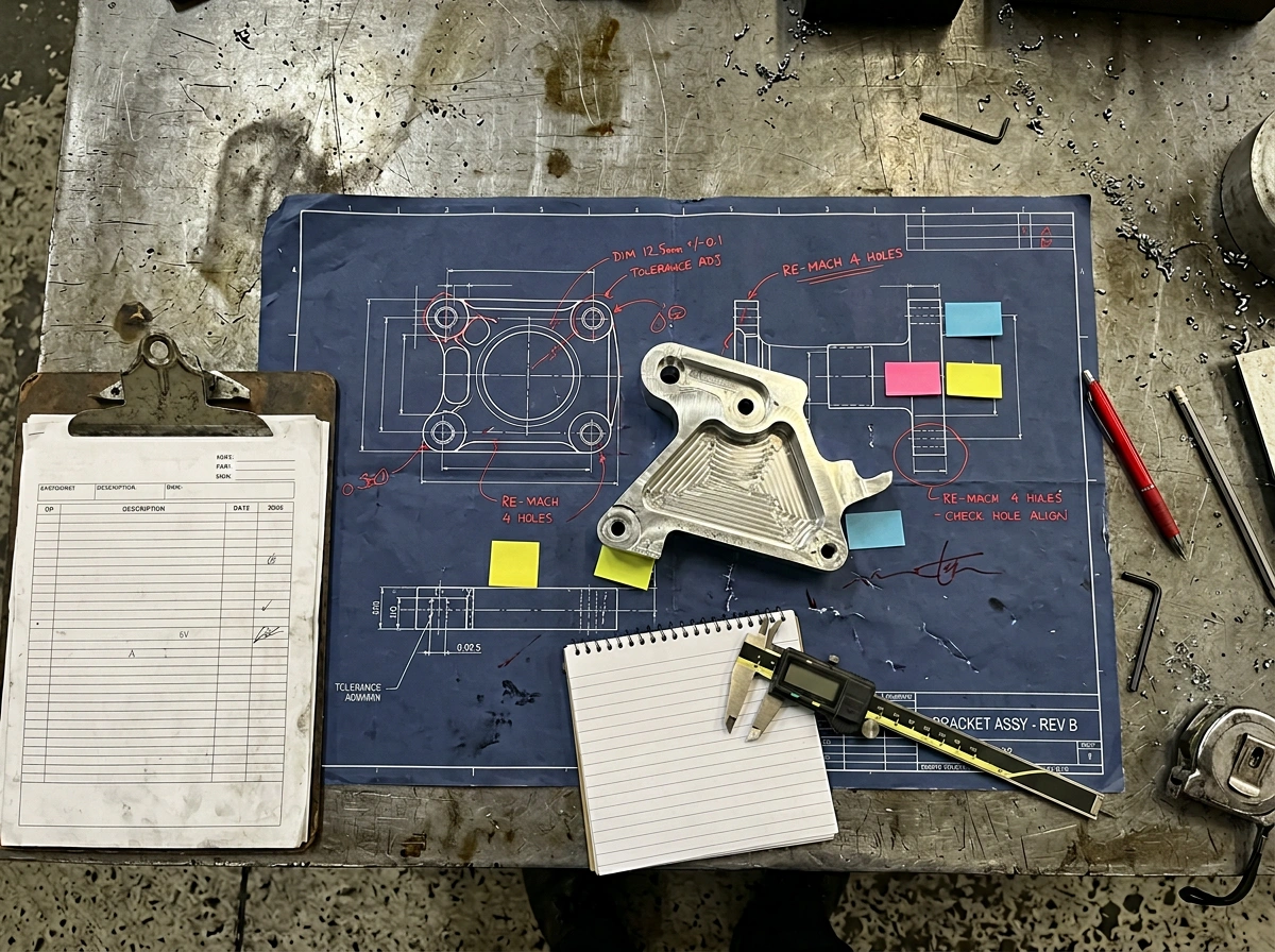 Engineering drawing with revision marks, traveler clipboard, machined bracket, and inspection notes