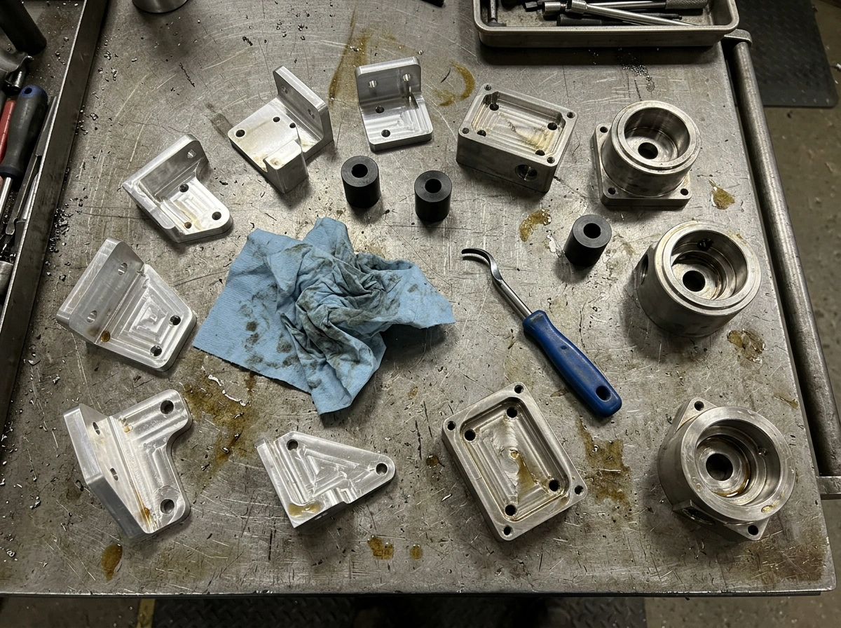 Assorted machined metal and plastic parts after CNC milling