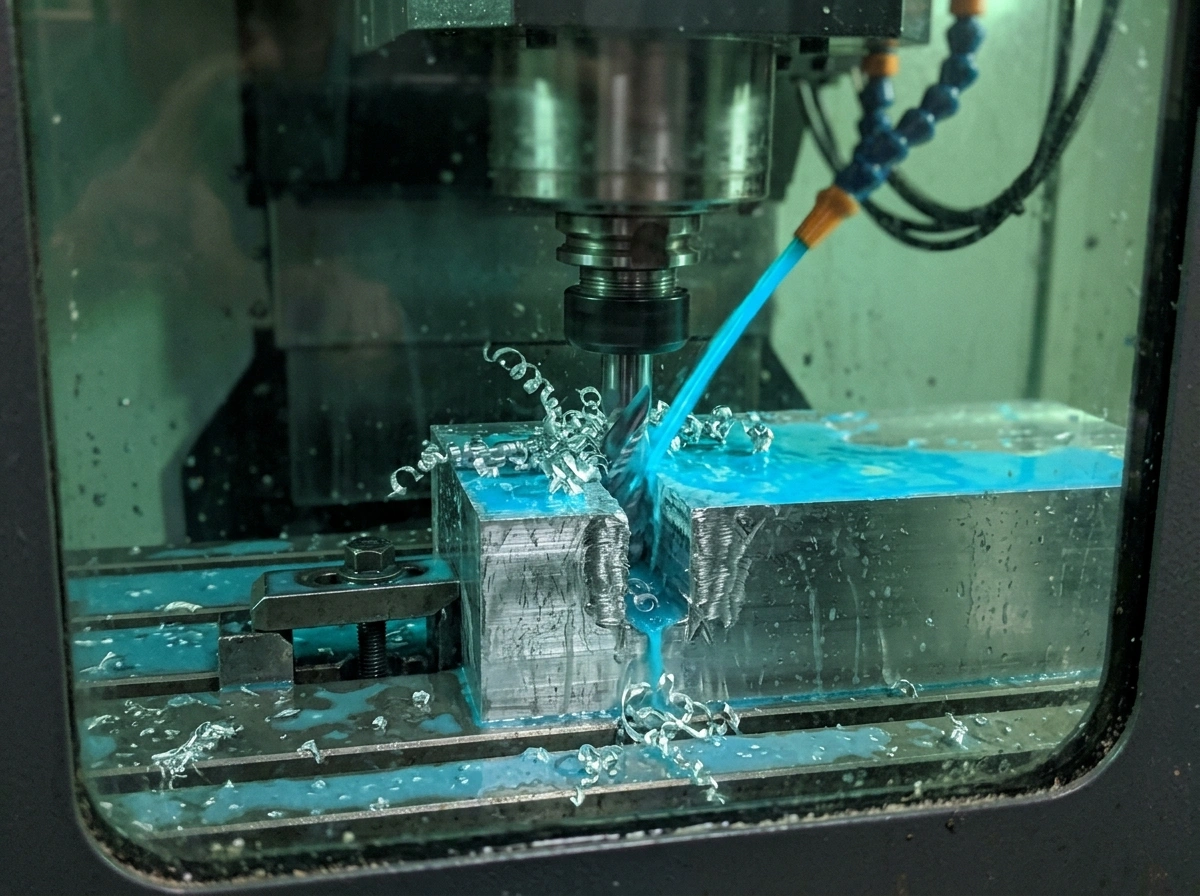 Close-up of CNC milling cutter machining a prismatic workpiece