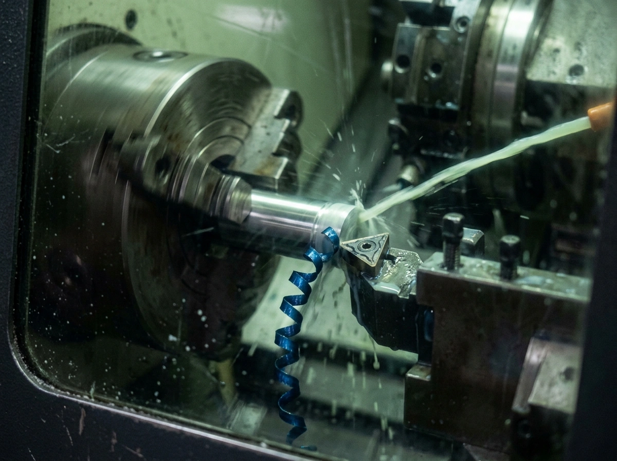 Close-up of carbide turning insert engaging a rotating workpiece
