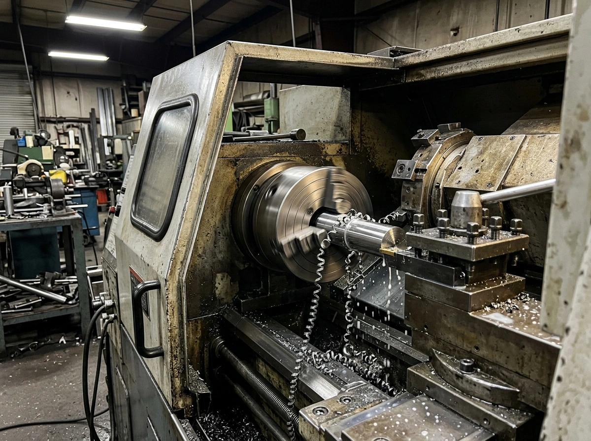 CNC lathe turning a steel shaft with chips and coolant