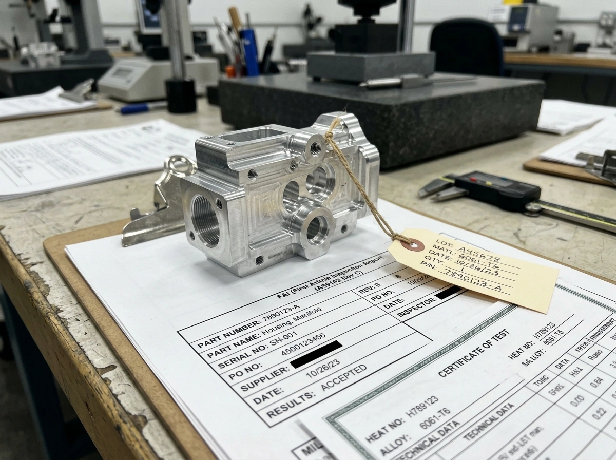 Aerospace machined part with FAI inspection report, material certificate, and lot traceability tag