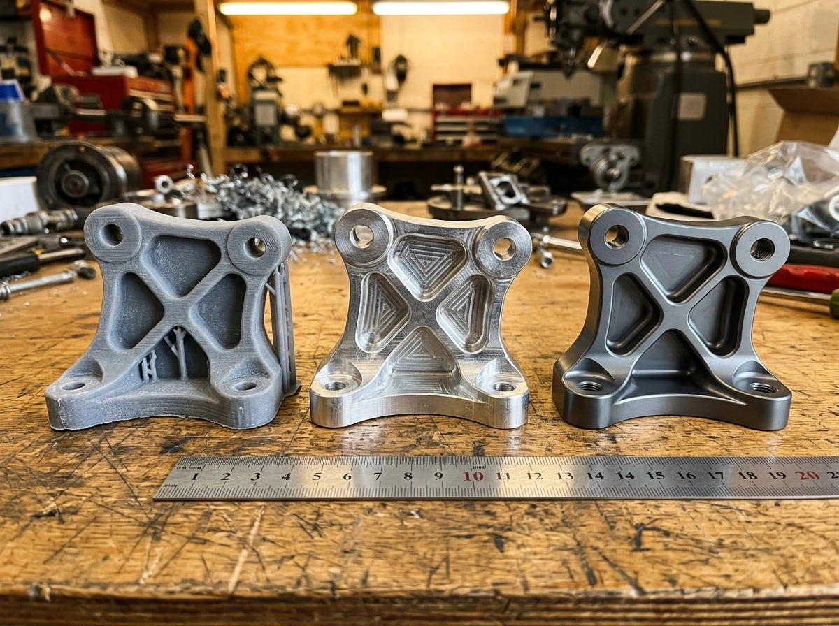 Three iterations of an automotive bracket: 3D printed, CNC machined, and anodized production-ready