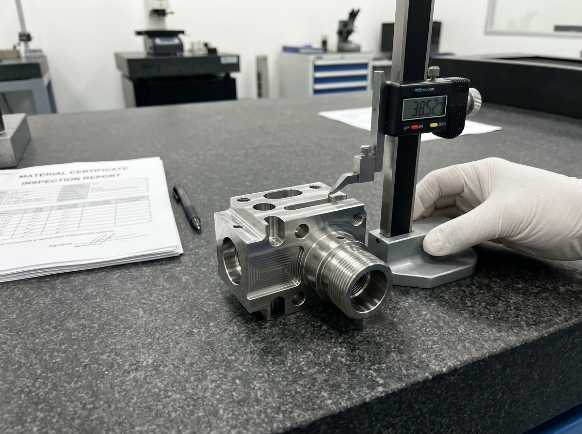 Medical stainless steel machined part being inspected with a height gauge on granite surface plate
