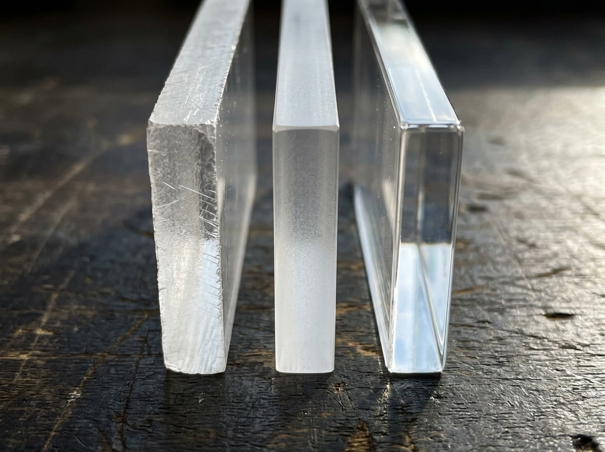 Acrylic edge finishes compared: saw-cut, machined, and flame-polished