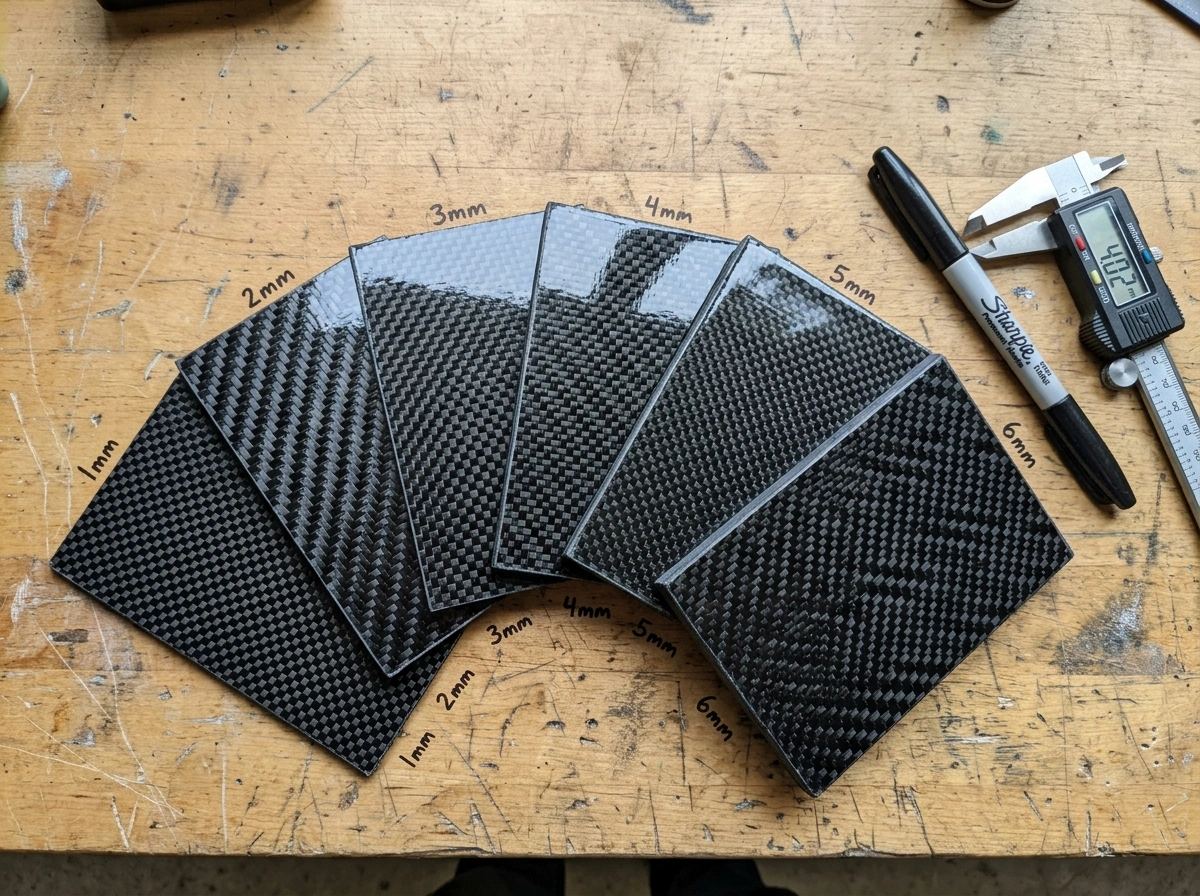 Carbon fiber laminate samples fanned out showing different weave patterns and thicknesses