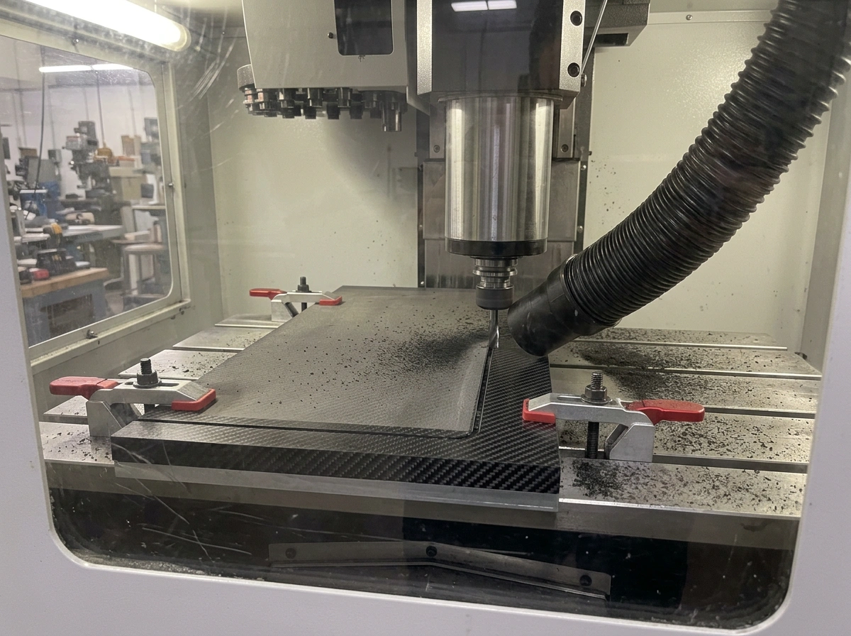 CNC milling a carbon fiber laminate component with dust extraction