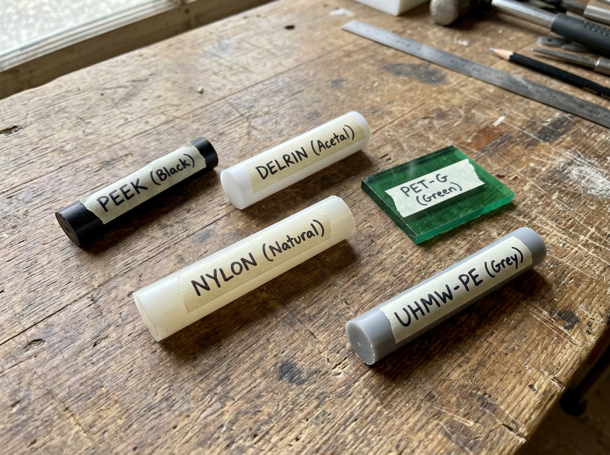 Engineering plastic stock samples labeled PEEK, Delrin, nylon, PET-G, and UHMW polyethylene