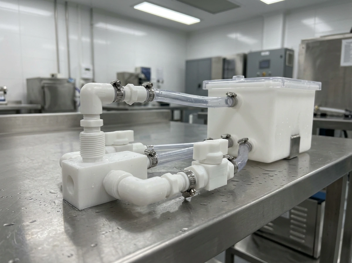 Polypropylene machined fittings and tank assembly installed on a stainless lab bench