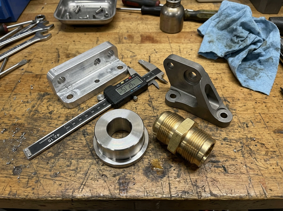 Sample machined parts in aluminum, stainless, brass, and titanium showing the alloy variety in OEM CNC work