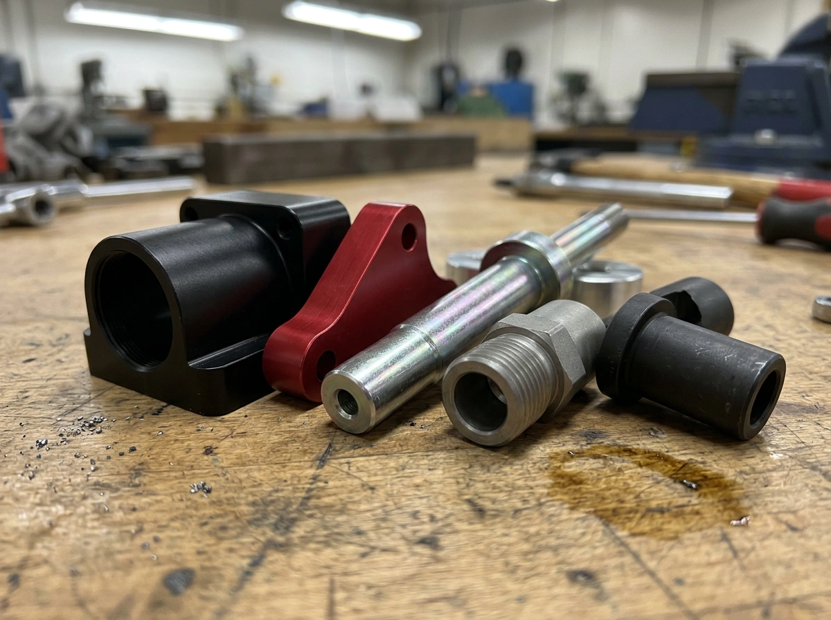 Anodized aluminum and plated steel components showing post-machining finish stacks