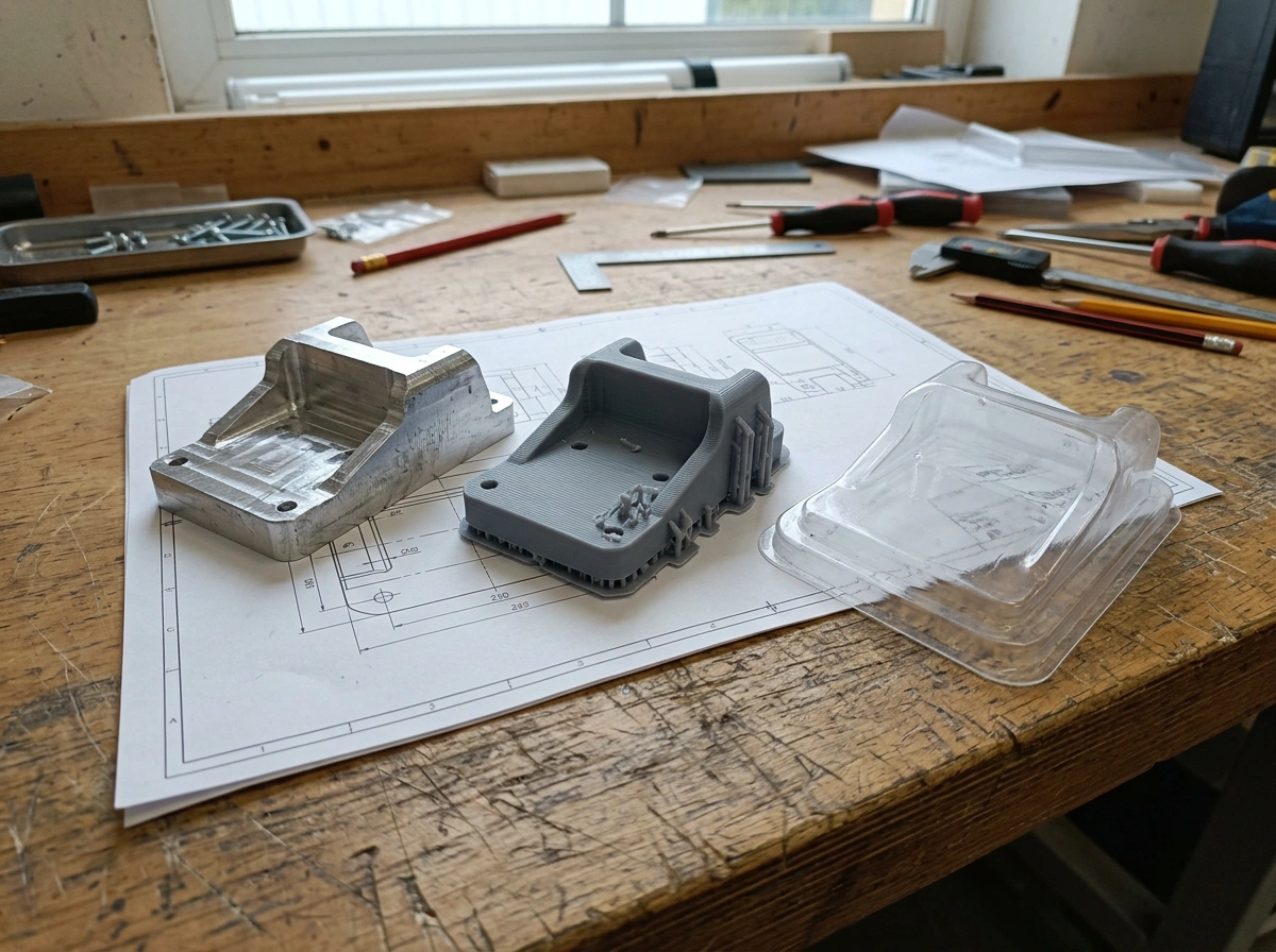 Machined, 3D printed, and thermoformed prototypes of the same design intent