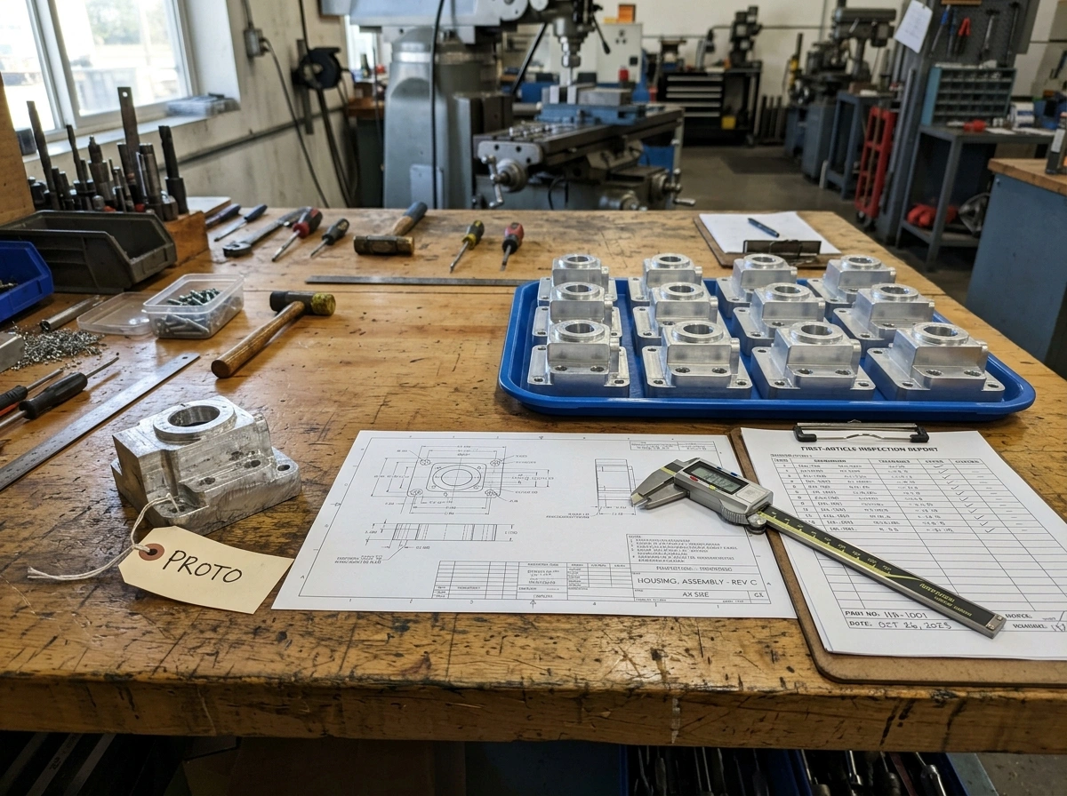 Prototype part tagged PROTO next to tray of production parts with first-article report