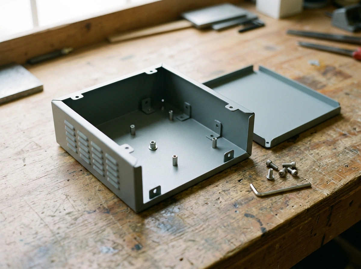 Assembled sheet metal enclosure with hardware and finish