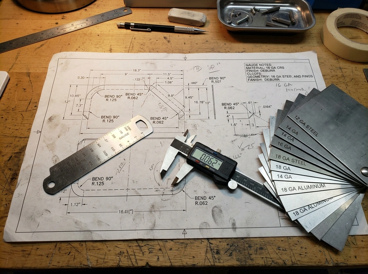 Engineering drawing with sheet metal gauge and bend notes