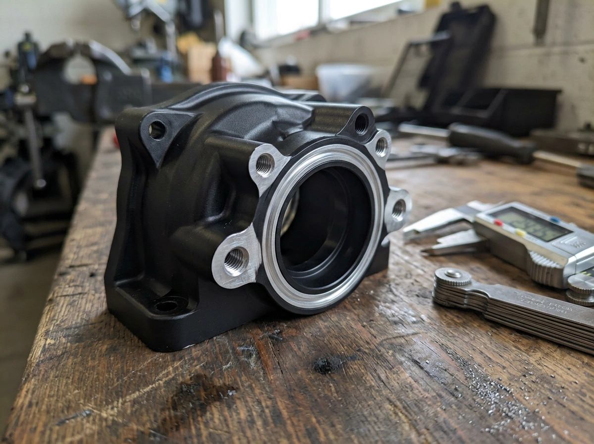 Black anodized aluminum housing with masked seal bore and threaded holes