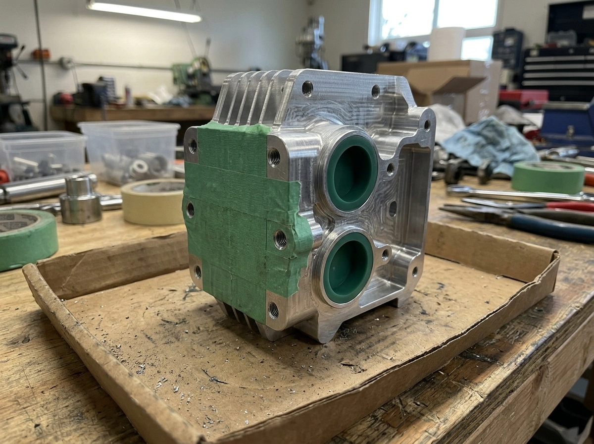 Machined aluminum part with green masking tape and silicone plugs before anodizing