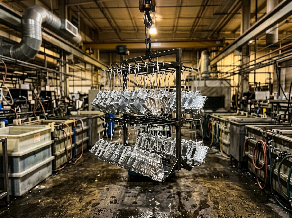 Aluminum machined parts on anodizing rack ready for coating line
