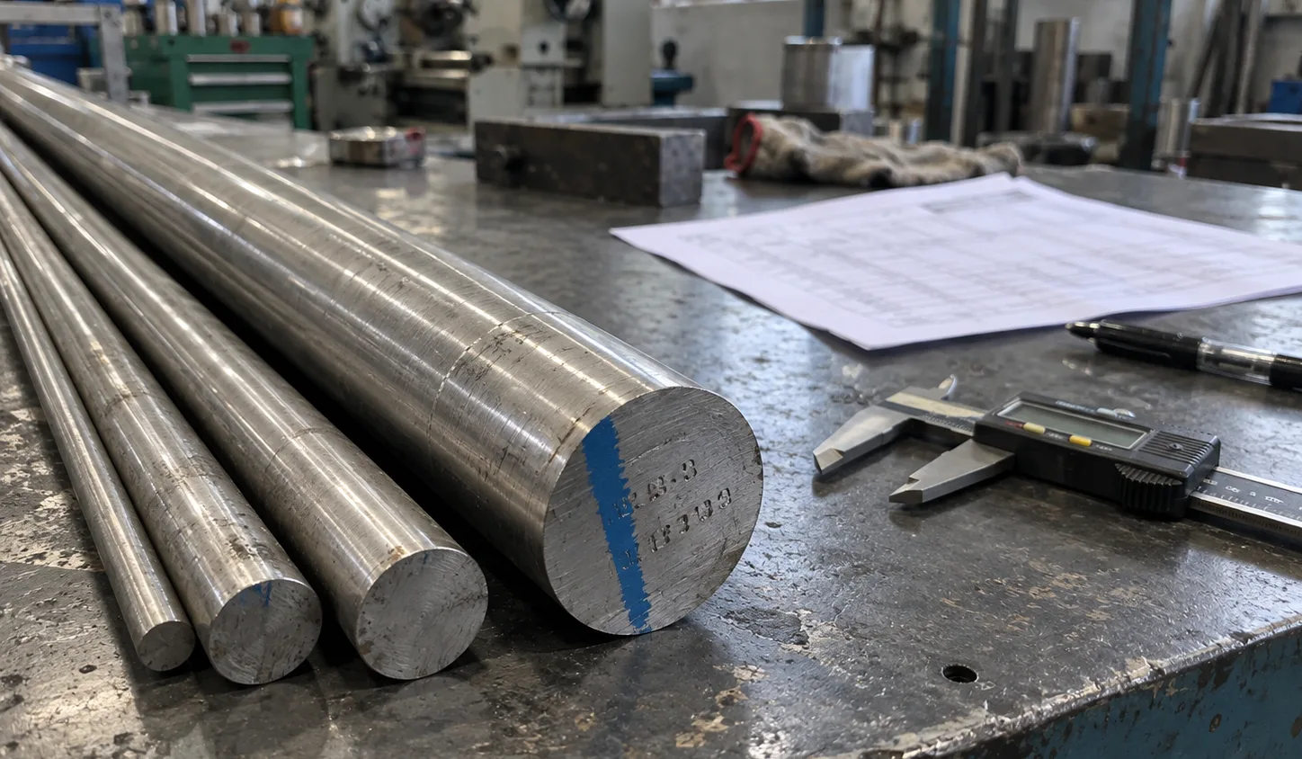 Stainless steel round bar stock with a painted marking stripe and stamped end face, beside a printed material certificate and a digital caliper on a workshop bench